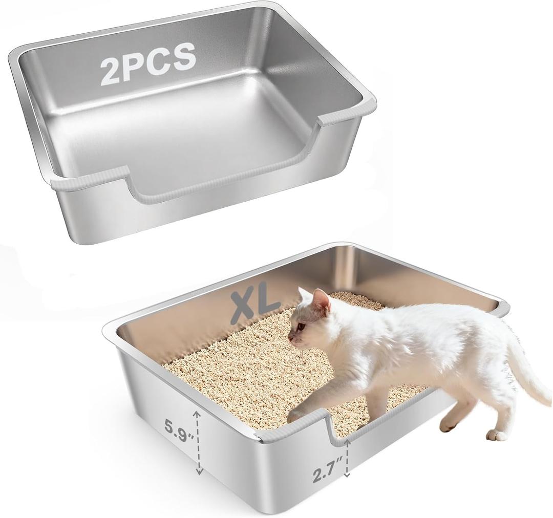 2-Pack Low Entry Litter Box for Senior Disabled & Injured Cats, Stainless Steel High Sided Enclosed Easy Step in Entry-Large Metal Kitty Litter Box for Kittens, Odor Control (23.6"x15.7"x5.9")