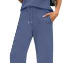 WIHOLL 2 Piece Sets for Women Summer Lounge Set Wide Leg Pants Matching Set Vacation Travel Outfits Beach Clothing (Small, Blue)