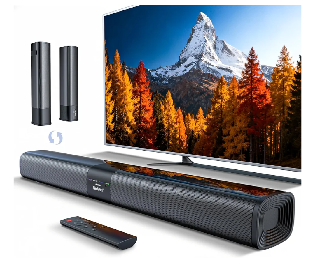 Saiyin Sound Bar for Smart TV, Detachable Soundbar TV Speaker with Bluetooth/ARC/Optical/AUX Input, Super Diaphragm Driver and 3 Preset Sound Effects for TV/PC/Projector.