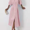 chouyatou Women Summer Puff Sleeve Button Down Shirt Dress Flowy Elegant Business Casual Midi Long Dress (Pink, L)