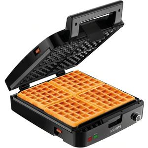 KRUPS 4Slice Belgian Waffle Maker: Stainless Steel, 5 Browning Levels, Audible Ready Beep, Removable Plates, 1200W, Silver/Black, Large Waffle Maker Family Size, Great for Family Breakfasts