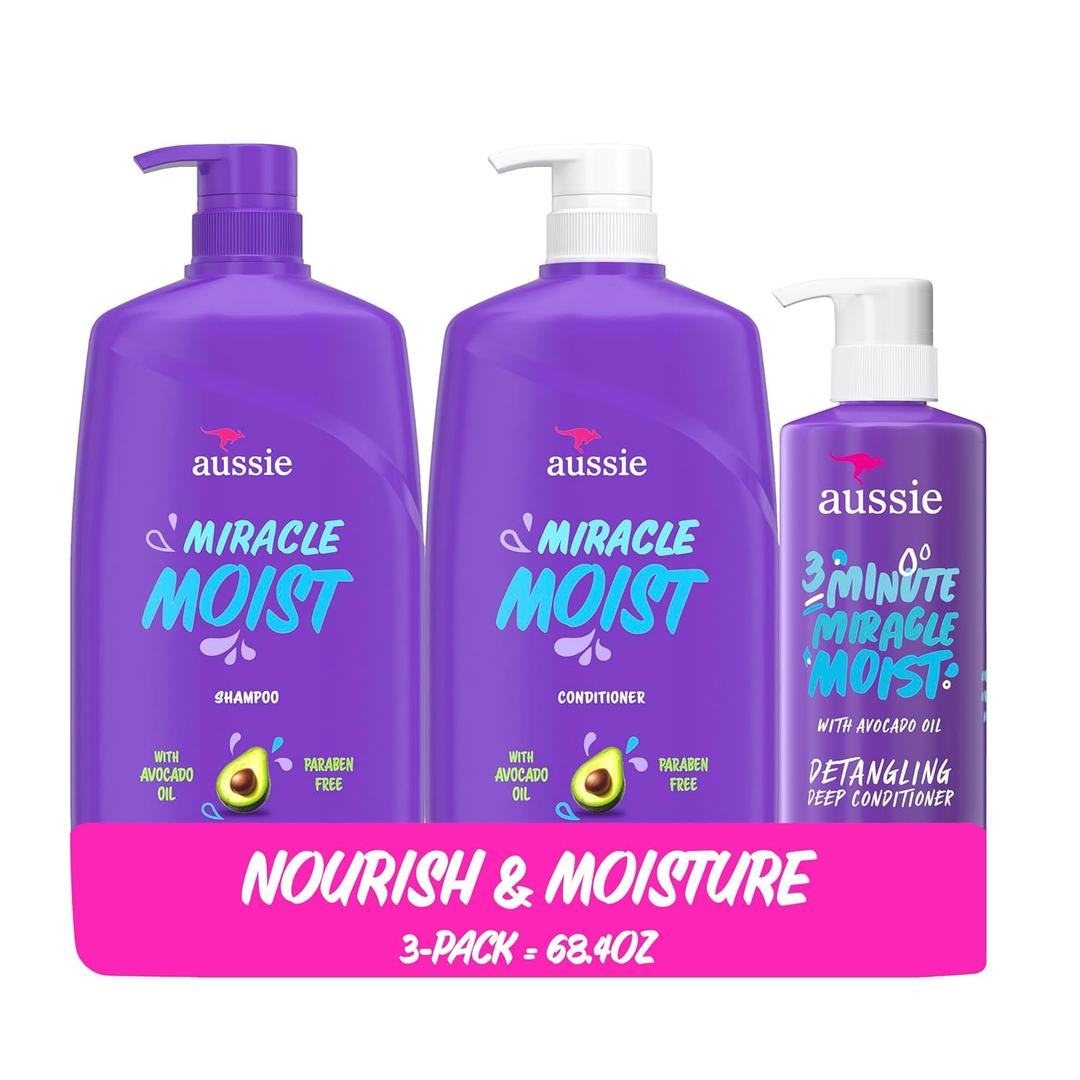 Aussie Miracle Moist Shampoo and Conditioner with 3 Minute Miracle Deep Conditioner, Avocado & Jojoba Oil, ParabenFree, Moisturizes & Detangles, All Hair Types, Citrus Floral Scent, 3 Pack 68.4 Fl Oz