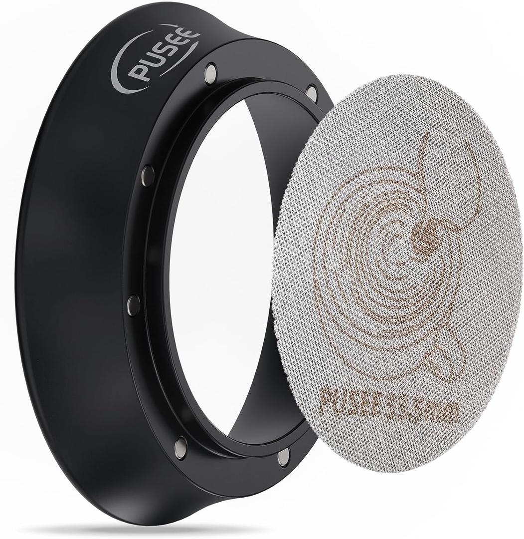 54mm Espresso Dosing Funnel & 53.5mm Puck Screen,PUSEE Coffee Dosing Ring Aluminum Metal,Reusable 1.7mm Thickness 150m Espresso Puck Screen 316 Stainless Steel Fits 54mm Portafilter (Black)
