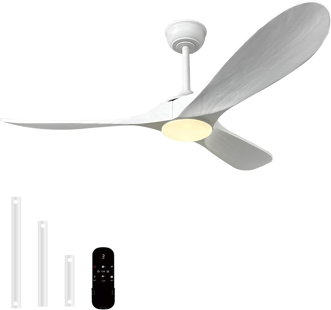 52''Outdoor Ceiling Fan with Light,Modern Ceiling Fan Light(White) | Propeller solid wood blades,dimmable LED,Memory function,Large airflow,Quiet operation,1/2/4/8 Timmer setting,3 Downrods