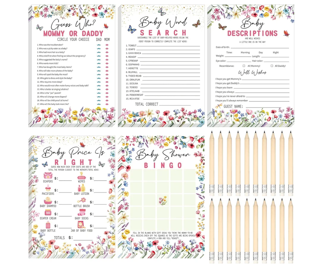 Yinder 145 Pcs Baby Shower Games Activities Cards with 20 Pencils Includes Baby Bingo Description and Wishes Guess Who Price is Right Word Scramble Game(Wildflower)