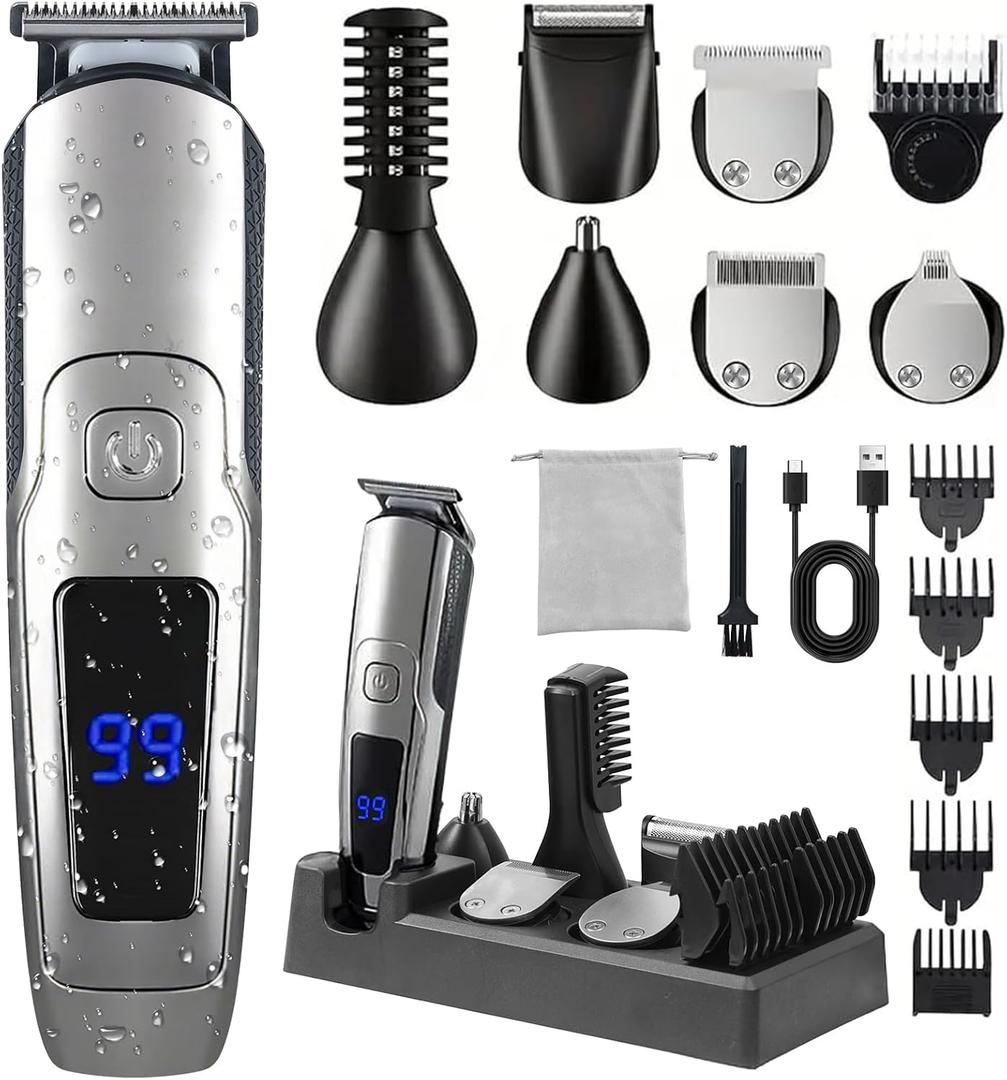 Beard Trimmer for Men, 20 Length Settings, 14-in-1 Cordless Grooming Kit, Waterproof Electric Razor for Men, Hair Trimmer, Nose Hair Trimmer, Cordless Hair Clippers with Travel Bag for Blade Storage (Silver)