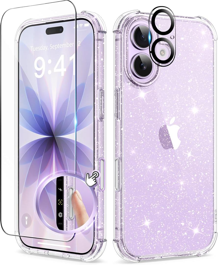 BERFY for iPhone 17 Case for Women, Clear Glitter Shockproof Protective Case, Anti-Yellowing, with Screen Protector & Camera Lens Protector 6.3", Sparkle Clear