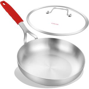 DELARLO Tri-Ply Stainless Steel 8 inch Frying Pan With Lid, Oven Safe Induction Skillet, Suitable for All Stoves Up to 600℉ 