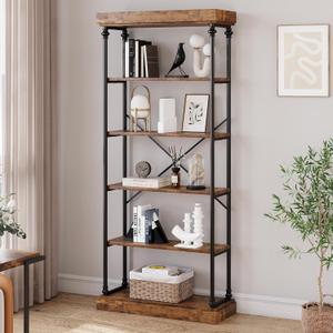 GarveeHome 6 Tier Bookshelf Industrial Bookcase Wood Tall Standing Bookshelves Wood Vintage Display Rack Rustic Bookshelf (Brown)