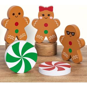 Gingerbread Christmas Decorations Tiered Tray Decor, 5 Pcs Gingerbread Candy Wooden Signs Table Decor for Home Kitchen Office