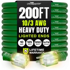 200ft Outdoor/Indoor Extension Cord 10/3 Gauge Ultra Heavy Duty 3 Prong SJTW, Waterproof, Flexible Cold-Resistant Long Power Cord,10A 125V 1250W, Green by LifeSupplyUSA