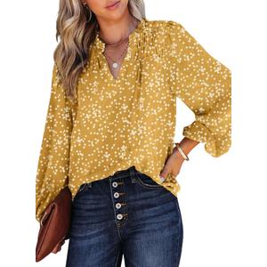 Dokotoo Women's Casual V Neck Alicia Floral Print Smocked Long Sleeve Chiffon Tops Bohemian Top Clothes (Yellow, XL)