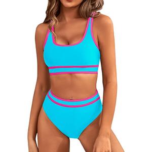 BMJL Women's High Waisted Bikini Sets Sporty Two Piece Swimsuits Color Block Cheeky High Cut Bathing Suits (Medium)
