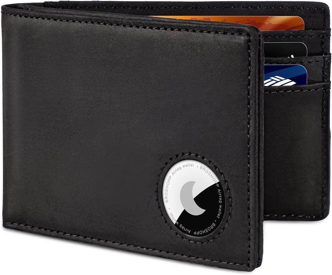 Airtag Wallet for Men, Bifold Full-Grain Leather Wallet for Apple Air Tag, Men's Wallet with Airtag Holder, RFID Blocking, Cash Slots, ID Window (Black)