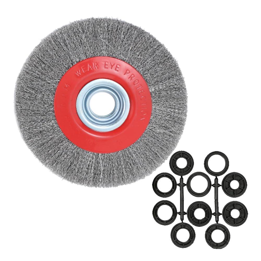 8 In Bench Wire Wheel Brush for Bench Grinder Coarse Crimped Steel Wire 0.012" with 1/2" 5/8" 3/4" 7/8" 1"(5sets) Spacer Arbors - 1Pack