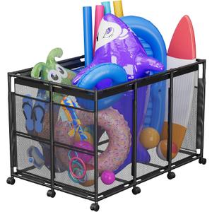 POOLHOUR Pool Float Storage XXL Large Outdoor Pool Toy Storage Organizer for Pool Noodles, Toys, Floats, Balls,Equipment, Mesh Rolling Storage Organizer Bin, Black