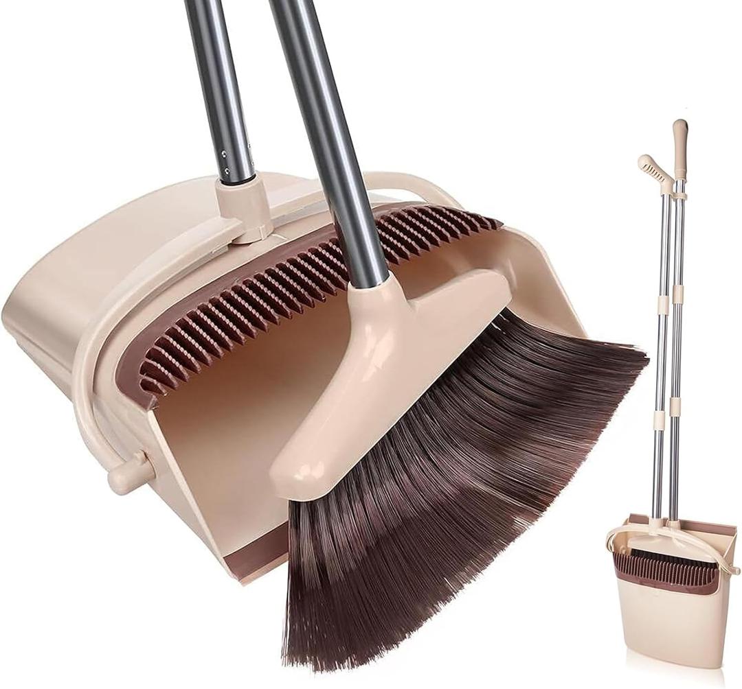 Broom and Dustpan Set, Long Handle Stand Up Broom and Dust Pan Combo, Self-Cleaning with Dustpan Teeth, Indoor&Outdoor Sweeping, Ideal for Dog Cat Pets Home Use (Beige & Brown)