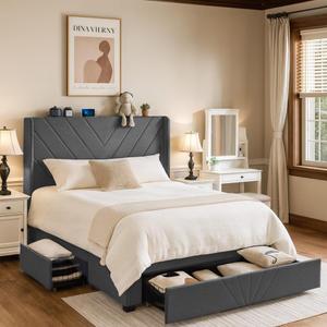 COMHOMA Bed Frame with Headboard and USB & Type-C Charging Ports,Storage Drawers,Modern Upholstered Platform Frames with Padded Headboard, No Box Spring Needed (Dark Gray, Queen (U.S. Standard))