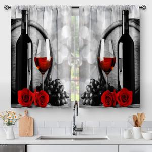 Red Rose and Wine Kitchen Curtains - Rustic Romantic Valentine Farmhouse Girls Women Short Tier Cafe Curtains Decor for Dining Room Art Country Rod Pocket Window Drapes 24 Inch Length 2 Panels Set