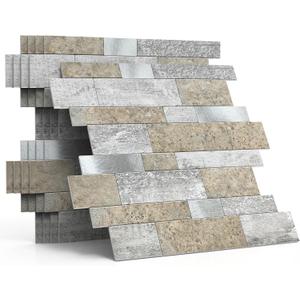 MOFIT Backsplash Tile for Kitchen Peel and Stick Stone Matte Finish, Bathroom Tiles Stickers 3D Wall Panel Linear Mosaic Marble Backsplash Waterproof(10sheets, Castle Brown)