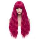 BERON 27 Inches Dark Pink Wig with Bangs Hot Pink Wig for Women Fluffy Wavy Heat Resistant Synthetic Wig (Hot Pink)