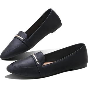 Obtaom Women's Pointy Toe Loafer Flat Comfortable Faux Suede Work Shoes,Cute Penny Loafer Slip On Ballet Flat (9, Black Faux Leather)