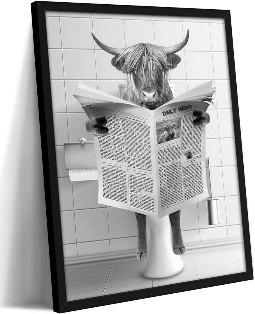 Bathroom Picture Wall Decor, Framed Black and White Bathroom Wall Art, Funny Highland Cow on Toilet Reading Newspaper,Animal Canvas Print Painting 16x12 Inch Ready to Hang