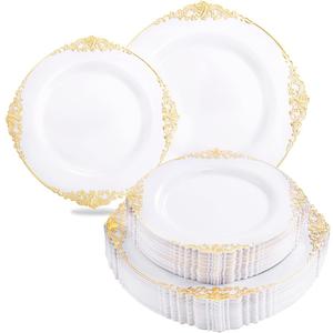 Liacere 60 Pack Gold Plastic Plates - White and Gold Disposable Plates include 30PCS 10.25inch Gold Dinner Plate, 30PCS 7.5inch Dessert Plate for Party & Wedding