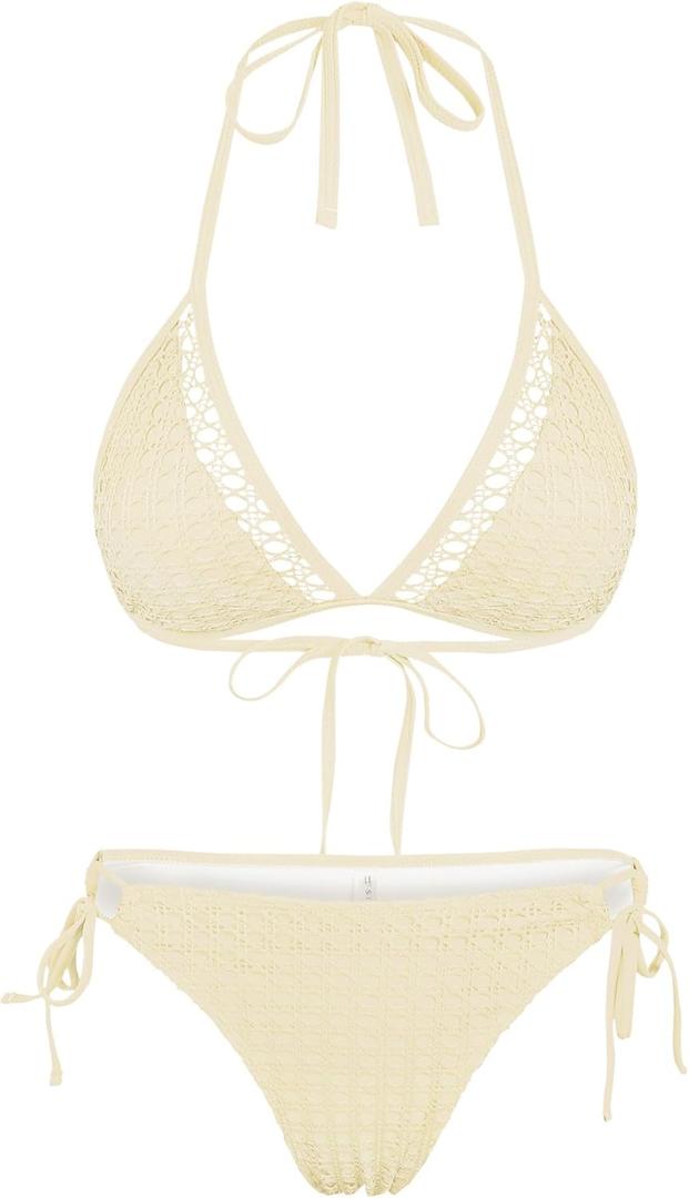 ZAFUL Women's Halter Bikini Set Crochet Triangle Two Piece Bathing Suit Side Tie Swimwear (Large, Apricot)