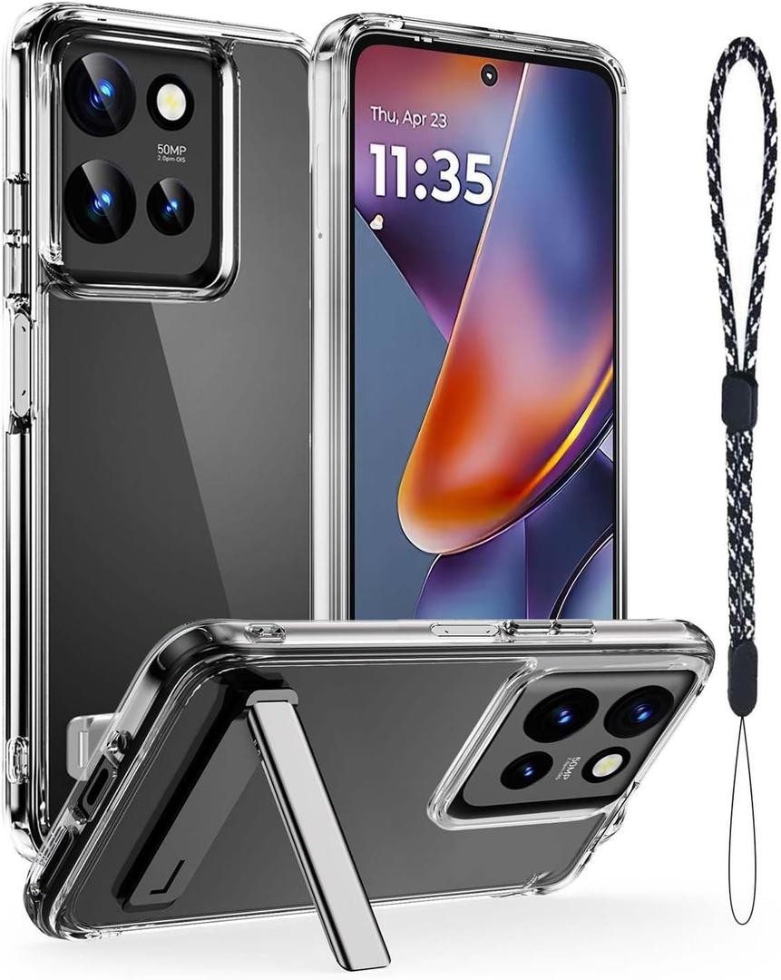JanCalm for Moto G 2025 Case Clear, Built-in Metal Magnetic Kickstand, Slim Phone Cases, Soft TPU Bumper & Hard PC Rugged Cover, Anti Yellowing, Shockproof Drop Protection, Lanyard (Clear)