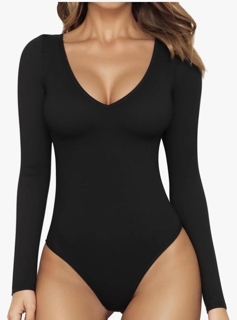 MANGOPOP Women's Long Sleeve Short Sleeve Bodysuit Sexy V Neck Body Suits Fitted Fall Going Out Tops, L