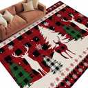 Christmas Red 5x7 Area Rugs for Living Room, Black Plaid Reindeer Xmas Tree Silhouette Non Slip Floor Mat Washable Low-Profile Indoor Carpet for Bedroom, Dining Room, Bathroom