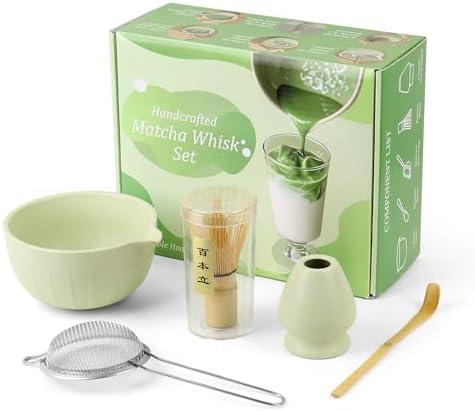 Matcha Whisk Set, Matcha Bowl with Spout, Matcha Whisk & Holder, Stainless Sifter and Bamboo Scoop, Complete Matcha kit Gift for Matcha Lovers & Starter
