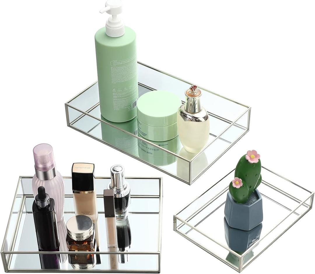 Jetec 3 Pieces Mirror Glass Vanity Tray Silver Ornate Makeup Tray Metal Vintage Octagonal Perfume Dresser Trays for Dresser Bedroom Bathroom Hotel, 3 Sizes