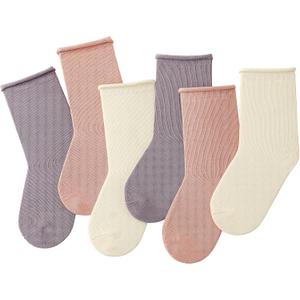 JAKIDAR Girls Crew Seamless Socks Kids Casual Dress Cotton Socks 6 Pairs (4-7 Years, Pink Purple White)