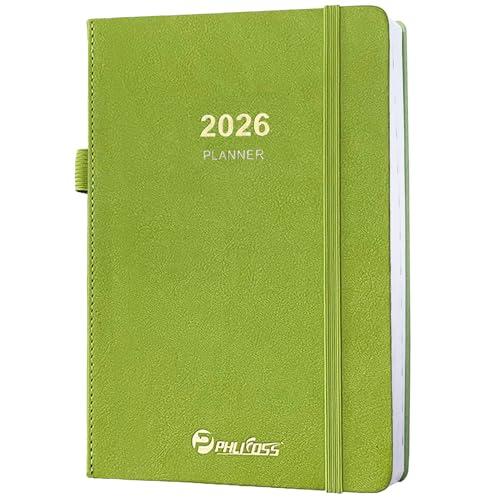 2026 Daily Planner/Calendar, One Page Per Day, Daily Monthly Agenda Planner with Time Slots and Monthly Tabs, Jan - Dec 2026, 5.7" x 8.25" Appointment Book, Pen Holder, Leather Cover (2026-Chartreuse)