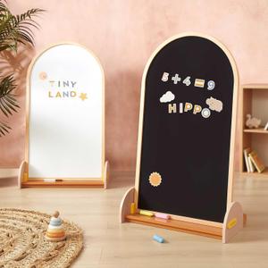 Tiny Land Kids Easel Large 22"x40.5" Writing Area Double-Sided Magnetic Chalkboard & Whiteboard, Wooden Arch Drawing Board with Stand, Toddler Art Easel with Letters & Animal Magnets