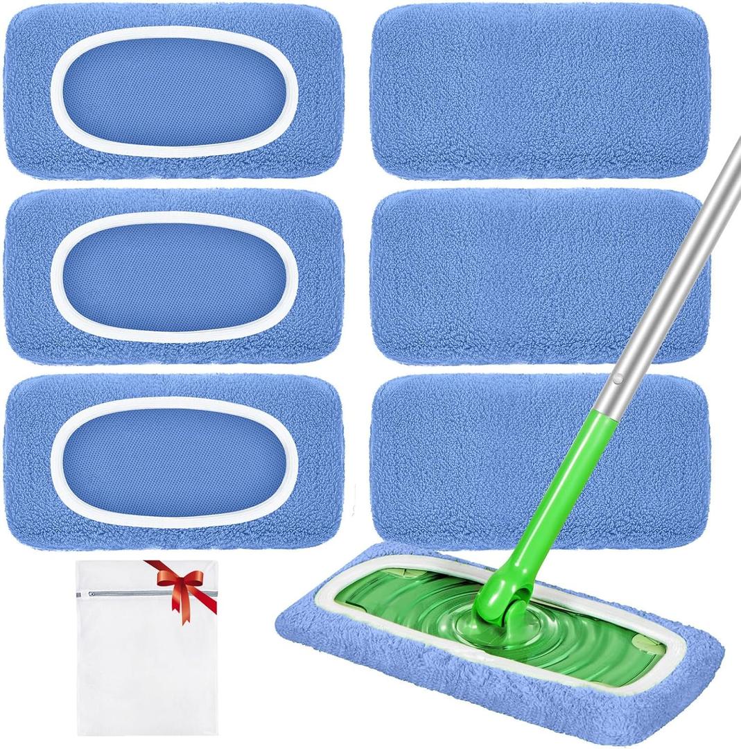 Reusable Mop Pads Compatible with Swiffer Sweeper Mop, Microfiber Dry Sweeping Cloths & Machine Washable Wet Pads Refill for Use on All Sealed Floors - Stone, Hardwood, Laminate & Tile (6 Blue)