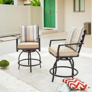 LOKATSE Home 2 PCS Outdoor Patio Bar Height Swivel Chairs with Seat and Back Cushions, for Backyard, Garden, Bistro, Deck, Poolside (Beige)