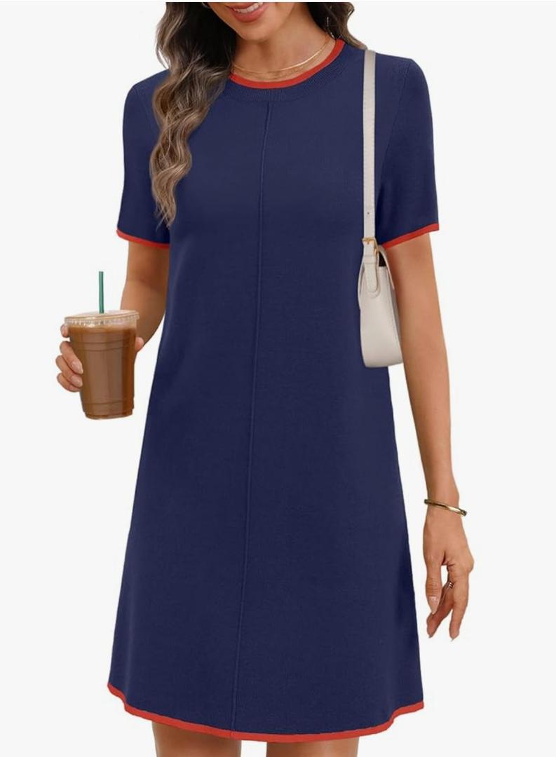 MEROKEETY Women's 2025 Summer Short Sleeve Mini Dress Casual Crewneck Color Block Knit Dresses Size (Small)