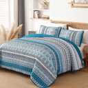 WONGS BEDDING Boho Quilt Set Queen Size, Teal Blue Bohemian 3 Pieces Quilt Sets, Lightweight Bedspread Coverlet Bedding Set for All Season (96"x90")