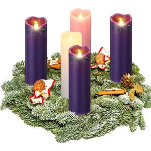 Cindeer 2 x 6 Inch Flameless Advent Candles Set of 5 LED Advent Pillar Wreath Candles Battery Operated Purple Pink Flameless Votive for Seasonal Celebration Rituals Festival Church Decoration