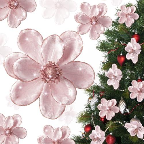 Maysing 20 Pcs Christmas Velvet Poinsettia Flowers Ornaments 6.3Inch Glitter Artificial Magnolia Flower Christmas Tree Ornament with Stem for Xmas Tree Decorations Wedding Decor Supplies(Pink)