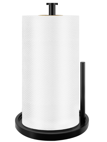 Paper Towel Holder Countertop, Standing Paper Roll Holder with Anti Slip Weighted Base, Stainless Steel Freestanding Paper Towel Holder for Kitchen, Black
