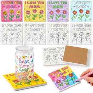 10 Set Mother's Day Crafts Bulk I Love You Mom DIY Ceramic Tiles, 4x4 Make Your Own Mother's Flower Coasters with Backing Pads for Painting, Unglazed Ceramic Crafts for School Classroom Activities