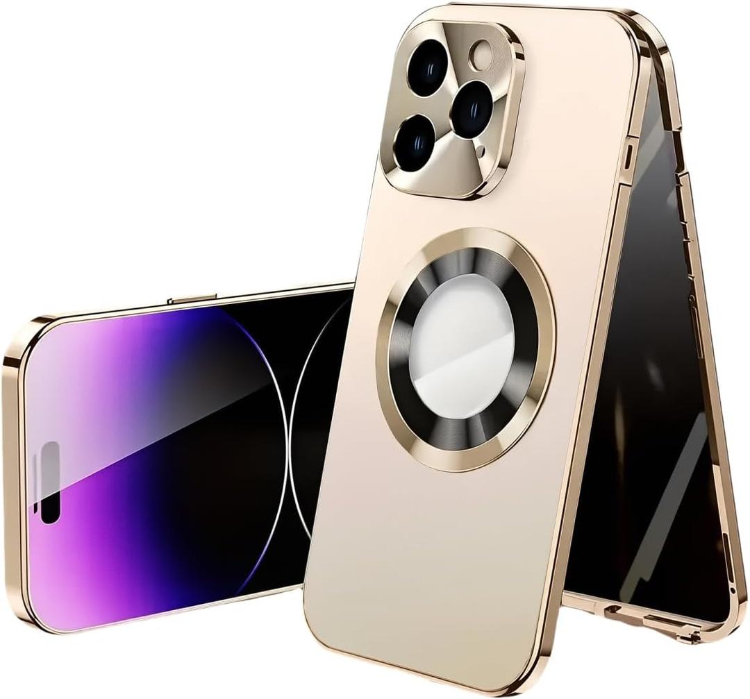 Magnetic Metal Edge Full Body Military Drop Protection for iPhone 16 Pro Max Case,Compatible with MagSafe,Rugged Built-in Privacy Screen Protector Logo View Shockproof Cover,Gold