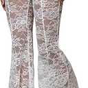 Verdusa Women's Sheer Lace High Waist Flared Leg Pants Bell Bottom Lightweight Summer Outfit (Large, White)