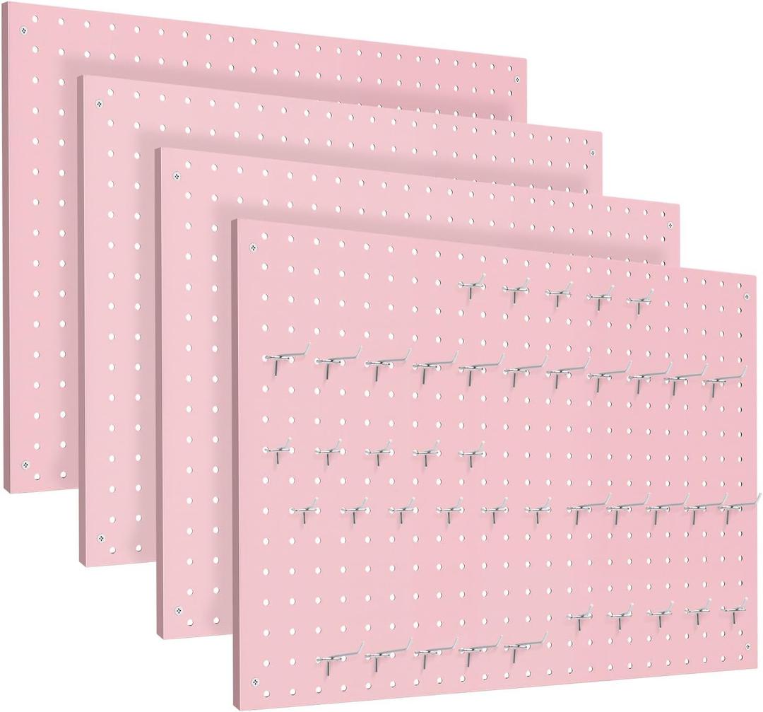 Peg Board, 4 Pack Metal Pegboard Panels Pink Pegboards Wall Organizer with Frame Large Heavy Duty Peg Board with Hooks for Walls Home, Garage Tool Storage, Office, Craft Room, Kitchen 24”×16”