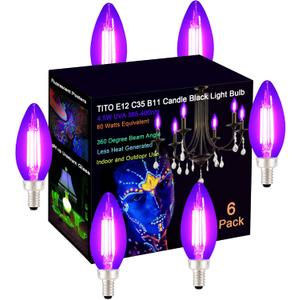TITO 6 Pack E12 B11 Filament LED Candle Black Light Bulbs, UVA 395nm 4.5W Candelabra Black Light Bulb, 60W Blacklight Bulb Equivalent, Glow in Dark Halloween Christmas Party Posters Decor