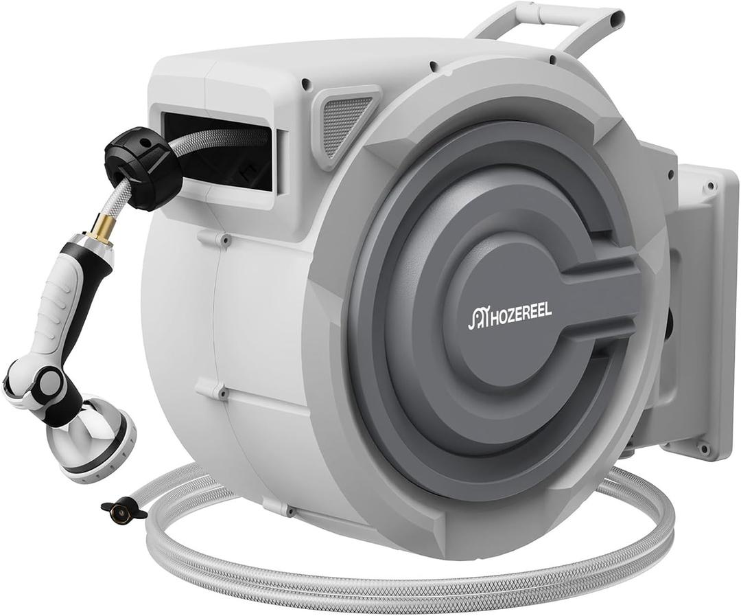 150 FT x 1/2" Retractable Garden Hose Reel by HOZEREEL, Outdoor Garden Hose Reels - Automatic Self Retract Wall Mount Hose Reel Enclosed Storage, Any Length Lock, 10 Pattern Nozzle-Grey
